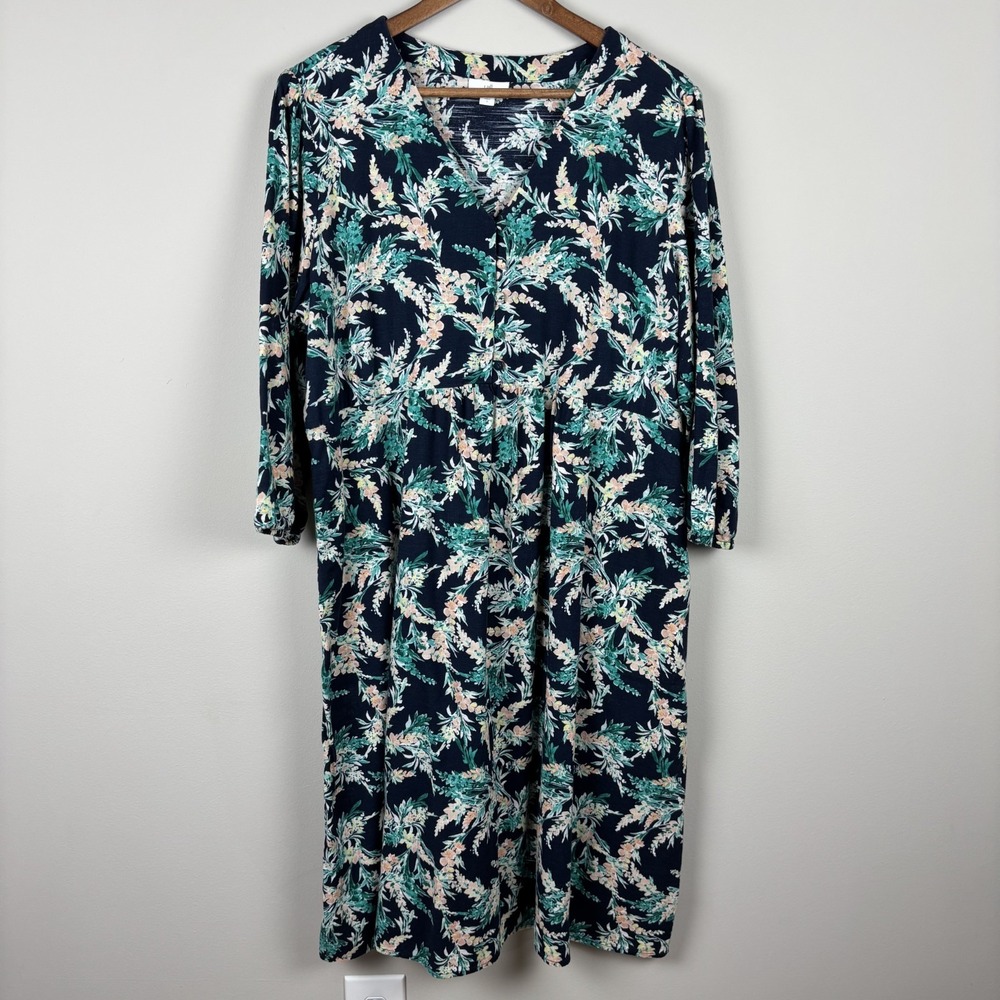 J Jill Midi Dress Womens Large Navy Green Floral 3/4 Sleeve Pockets Cottagecore